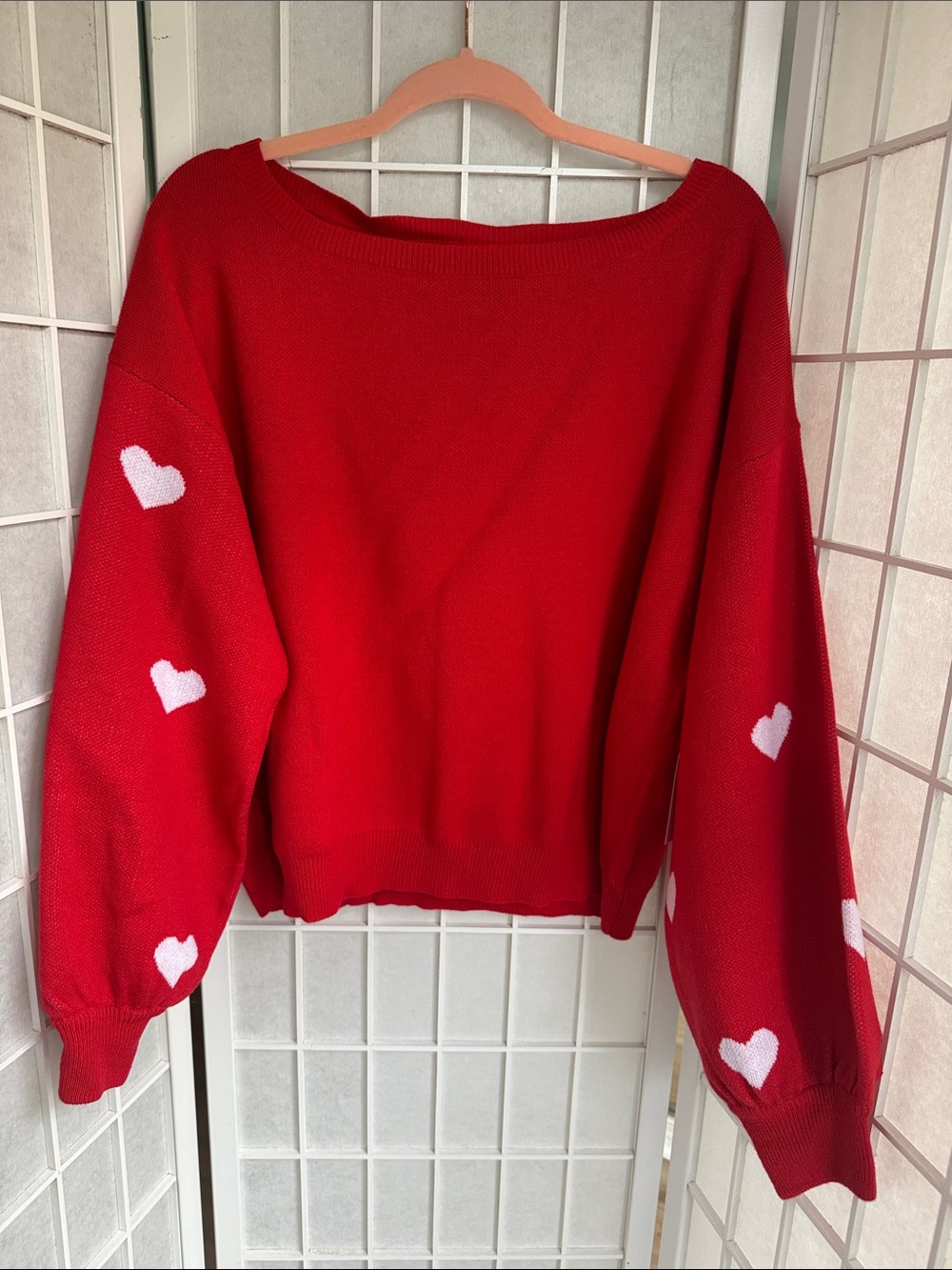 Pink Lily Red Boatneck Sweater with White Heart Details